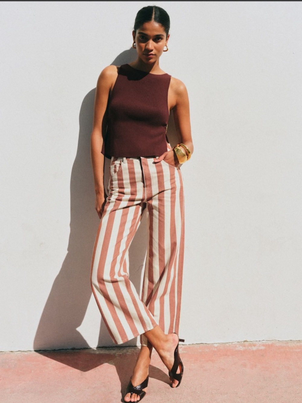 Sezane Le Crop Ecru And Coffee Stripes - Size 10
